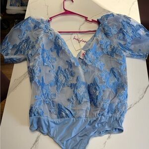 Buddy Love Light Blue Floral Lace Puff Sleeve Bodysuit